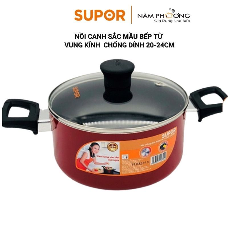 Nồi canh chống dính 24cm dùng được bếp từ supor h18202-t20-24 vung kính hàng chính hãng