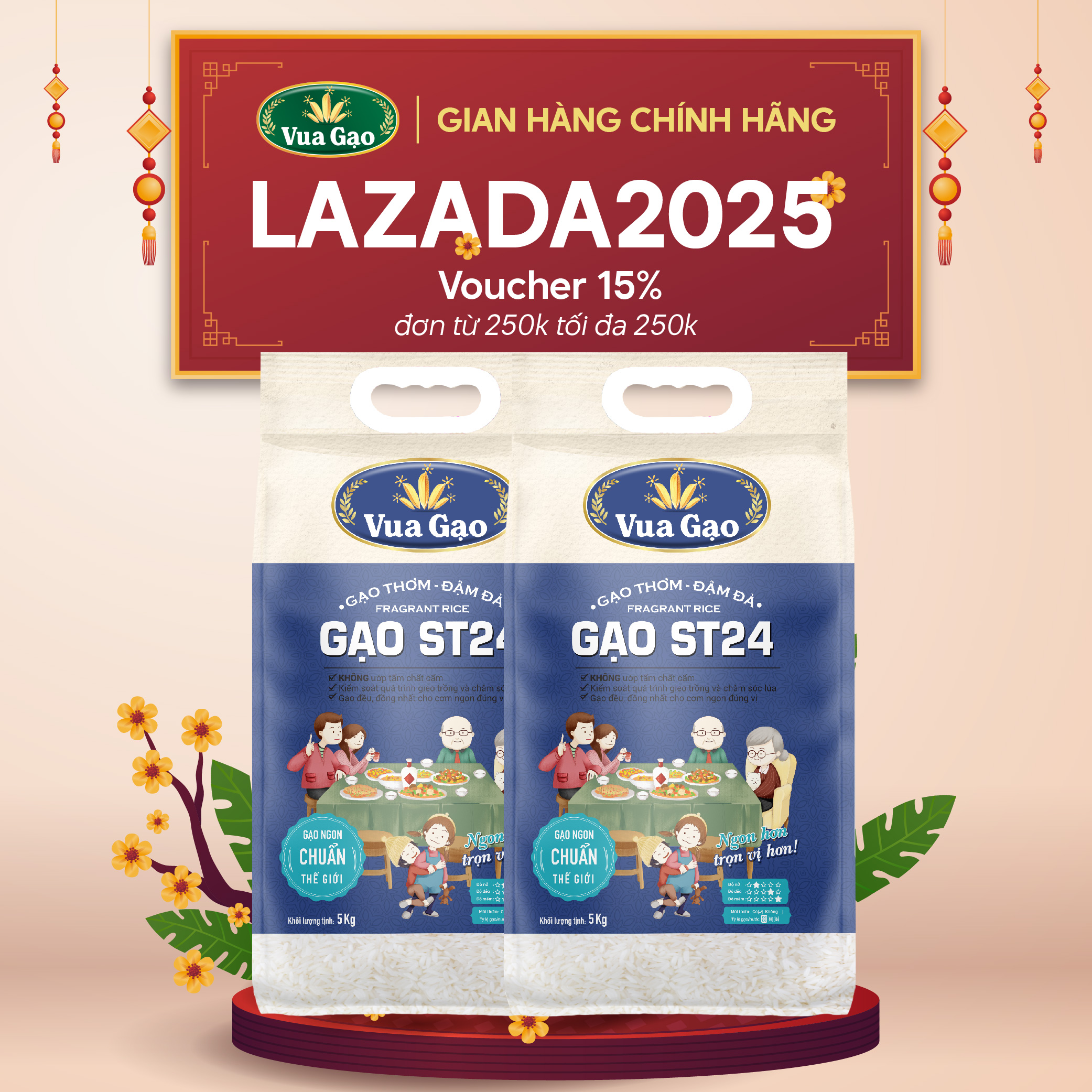 Combo 2 Túi Gạo ST24 Đậm Đà 5kg - Chính Hãng Vua Gạo - Gạo Thơm Ngon, Dẻo Nhiều, Vị Ngọt Hậu - Top 1 Thế Giới 2017