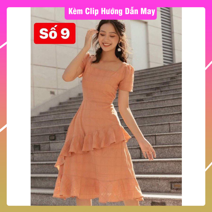 V038_Rập giấy đầm cổ vuông bèo chéo