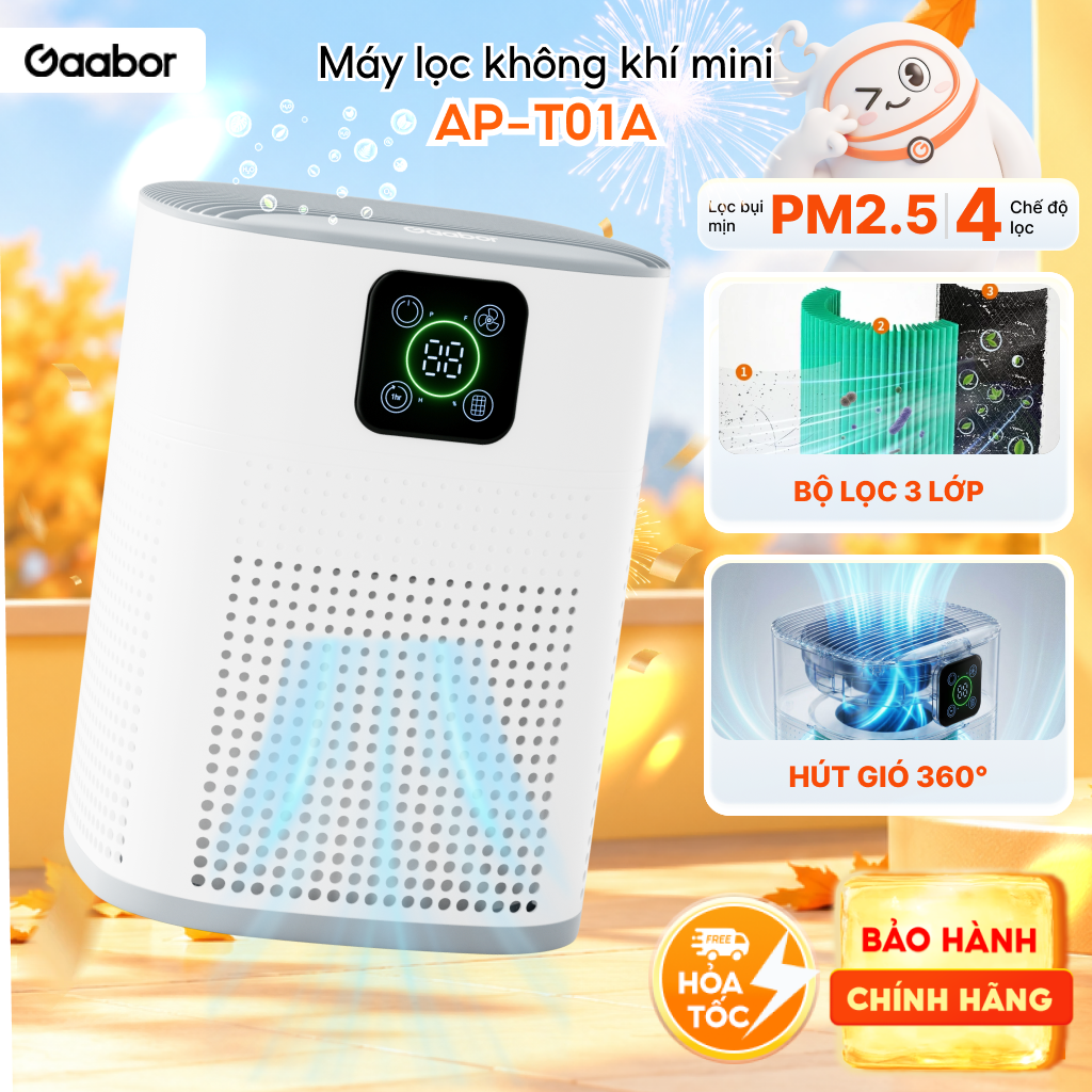 Máy lọc không khí để bàn mini Gaabor AP-T01A lọc bụi mịn PM2.5 hẹn giờ đến 9H diện tích dưới 20m2 - Bảo hành 12 tháng 1 đổi 1