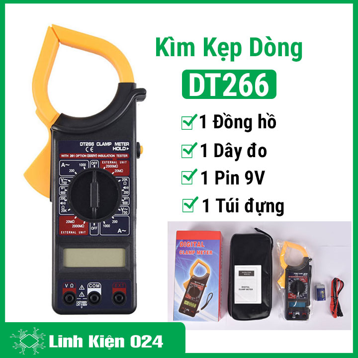 Kìm kẹp dòng dt266 750vac/1000vdc/1000a, đồng hồ đo điện tử đa năng pin 9v