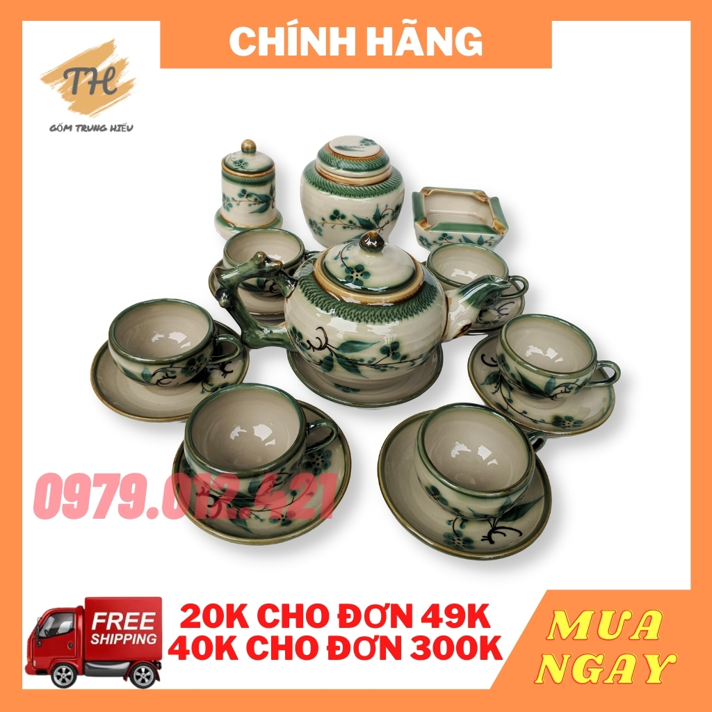 Bộ ấm chén Bát Tràng men bóng vẽ hoa Đào xanh đầy đủ phụ kiện