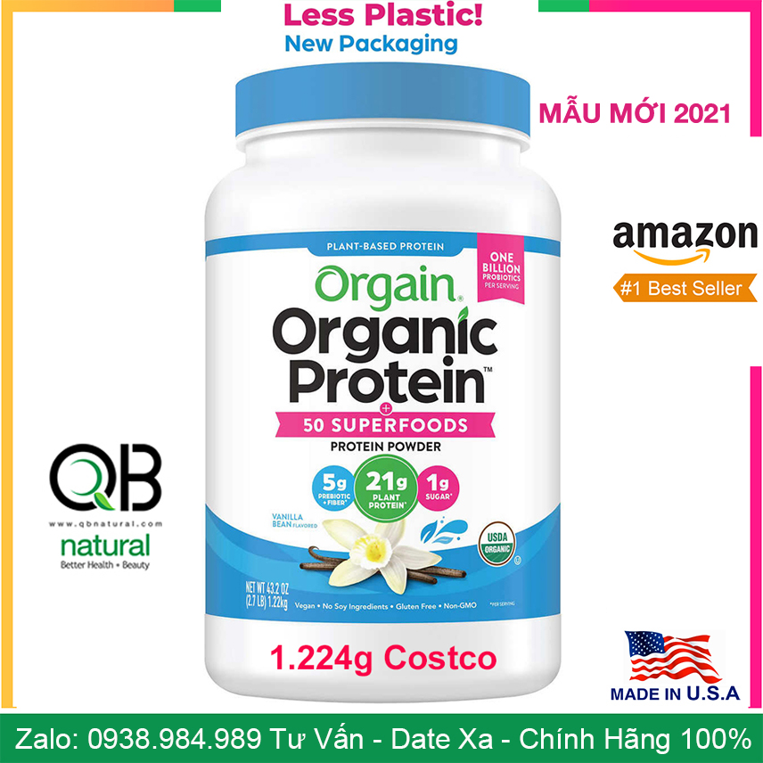 Bột Đạm thuần chay hữu cơ, Protein hữu cơ Orgain organic protein Chocolate Superfood Vani 1.2kg USA