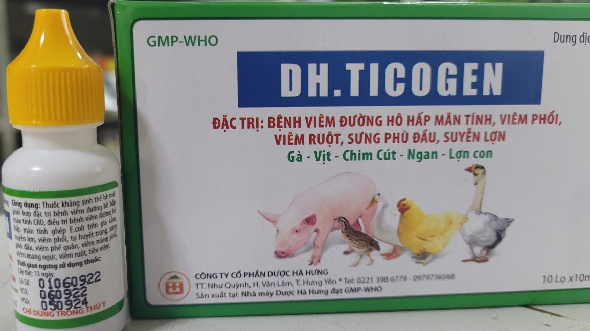 Dh ticogen 10ml, hộp 10 lọ đặc trị hen gà,vịt ngan, gà đá