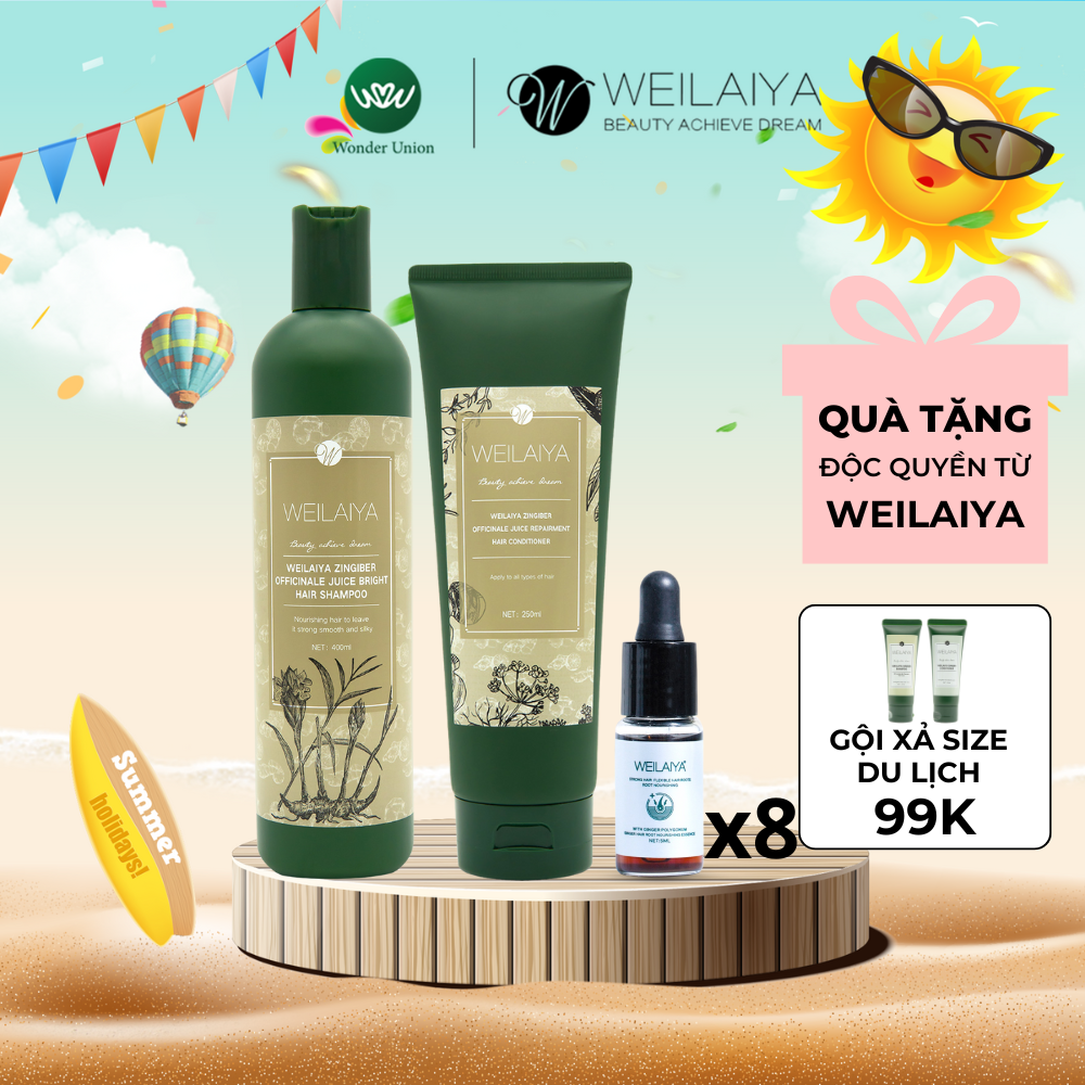 Bộ sản phẩm dầu gội, dầu xả thảo dược gừng hà thủ ô chăm sóc tóc và Tinh dầu dưỡng tóc Weilaiya giúp ngăn rụng và kích thích mọc tóc dành cho da khô, da thường