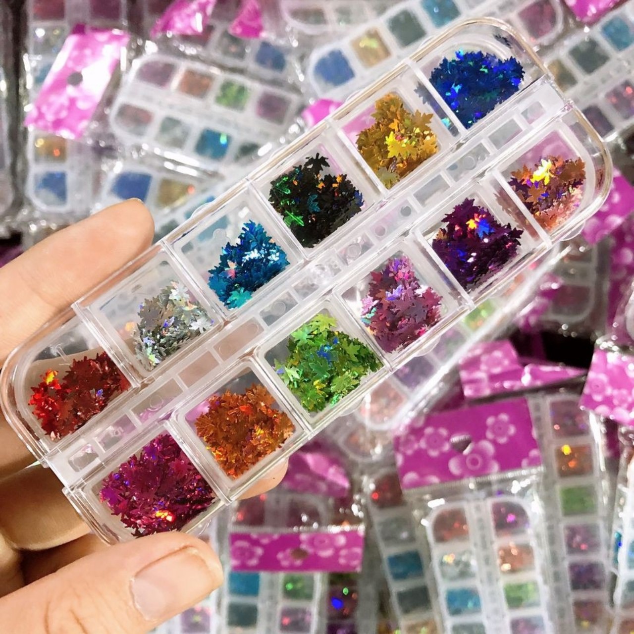 Sét Nhũ lá phong hôp 12 ngăn chăm sóc trang trí móng làm đẹp nail theo phong cách hàn quốc shop nailart