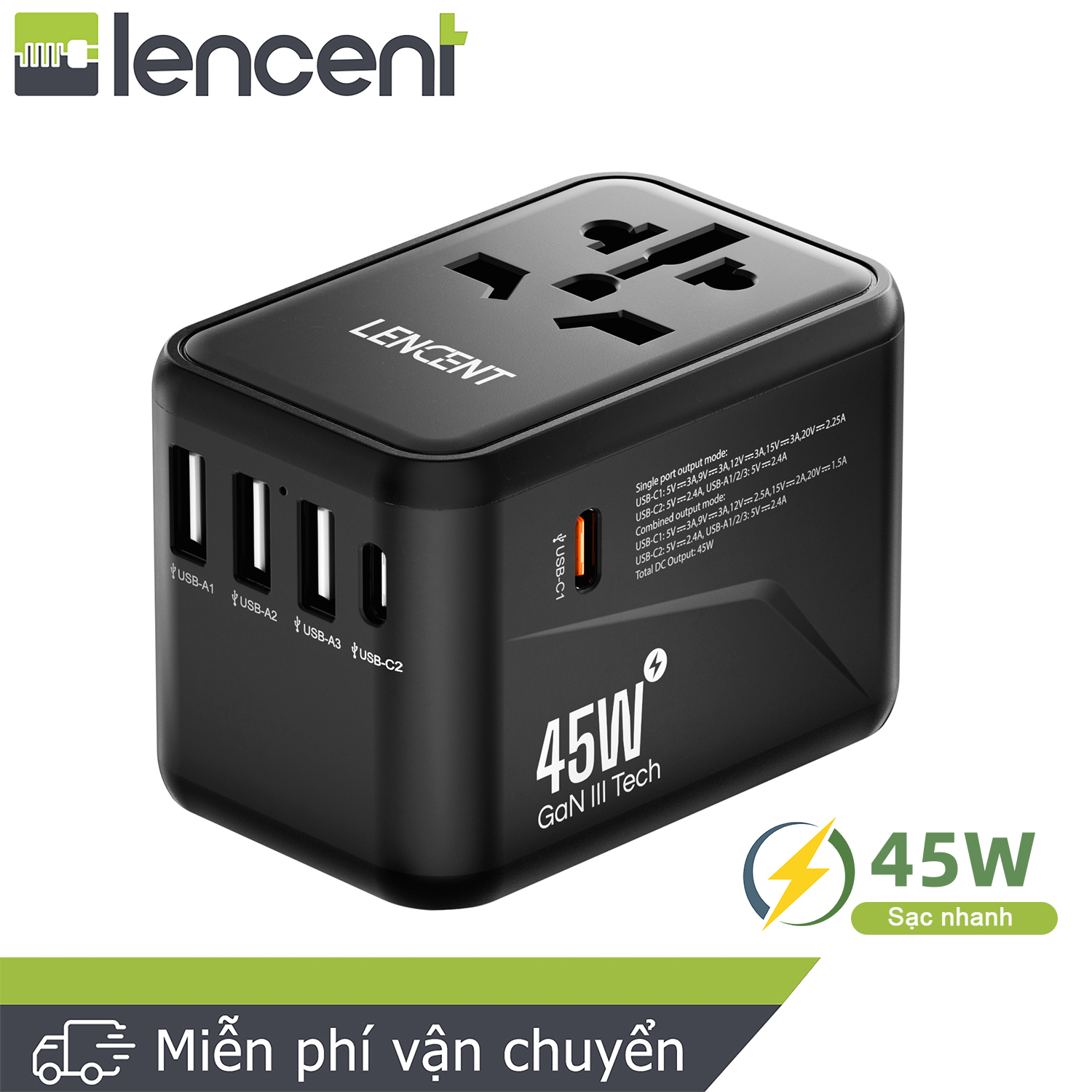 Lencent PD 45W Bộ điều hợp du lịch toàn cầu về bộ sạc nhanh, Bộ sạc quốc tế với 2 cổng USB & 3 bộ chuyển đổi sạc nhanh USB-C PD, tất cả trong một bộ chuyển đổi bộ sạc tường trên toàn thế giới cho iPhone, Samsung