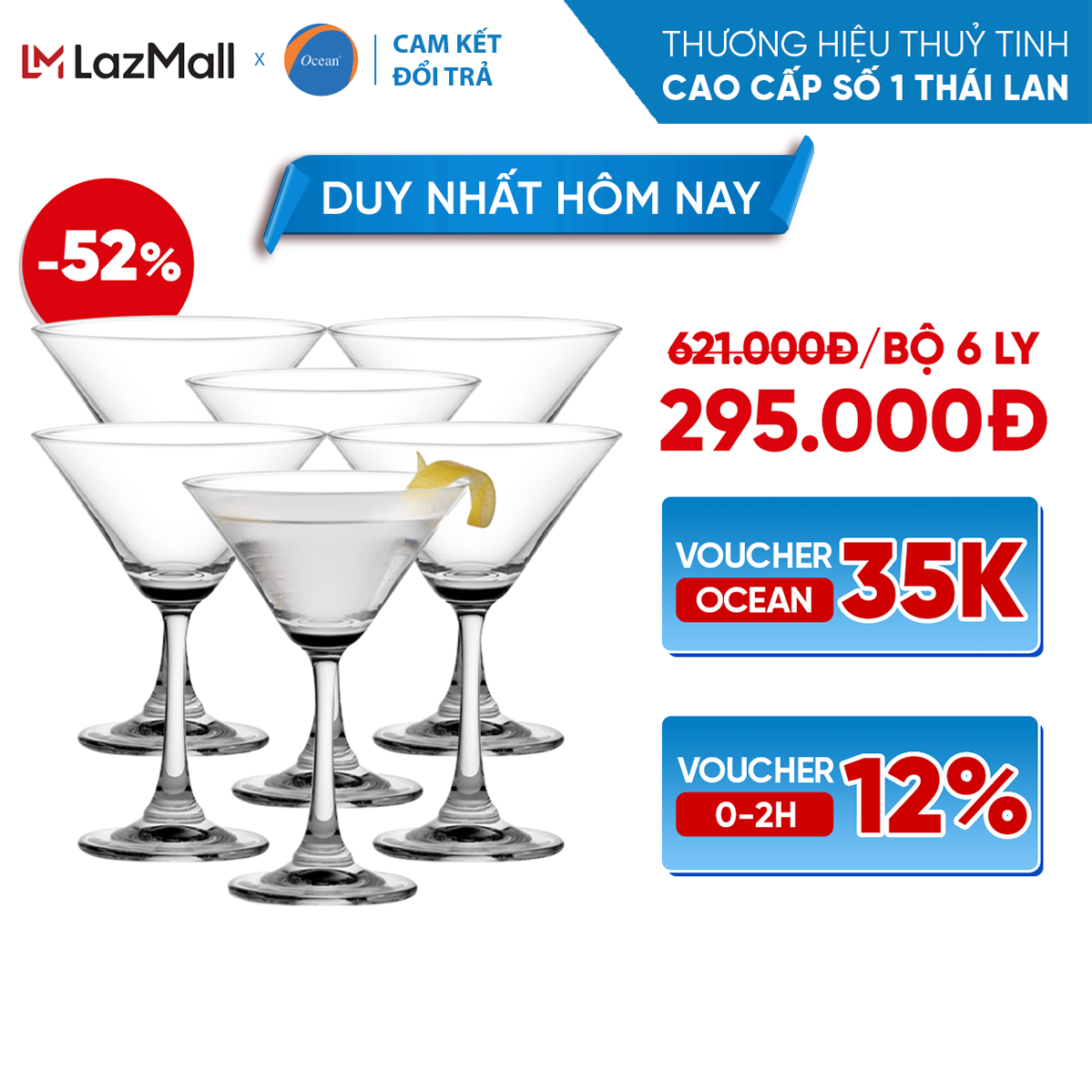 Bộ 6 ly/cốc rượu thủy tinh - ocean duchess cocktail 210ml - chính hãng