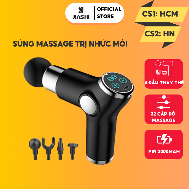 Súng massage cầm tay JIASHI, máy mát xa trị liệu toàn thân 4 đầu 32 chế độ màn hình cảm ứng SMS02