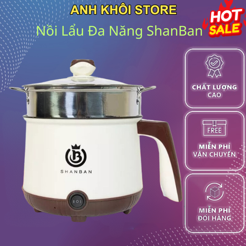 Nồi Lẩu Điện Mini 2 Tầng Shanban Tặng Kèm Giá Hấp Inox, Ca Nấu Mì 18cm Tặng Kèm Giá Hấp