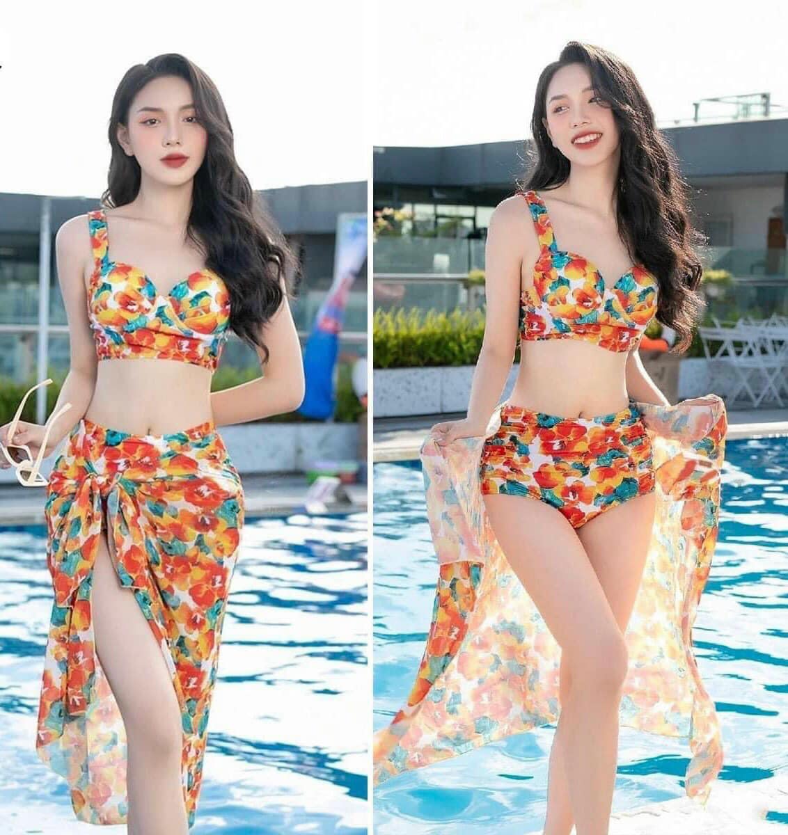 Bikini_đồ bơi đi biển Sét 3 món hoa Hồng, hoa Cam kèm khăn quấn_BKN 15
