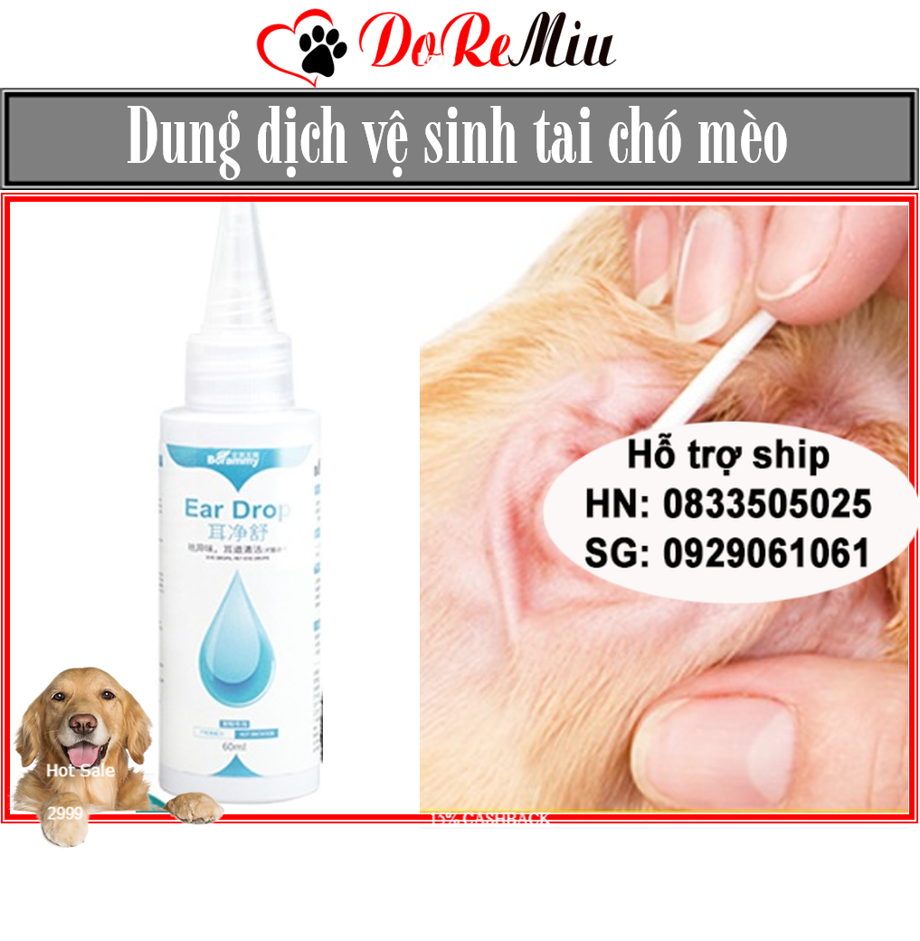 Doremiu- (60ml) Dung dịch vệ sinh tai mắt chó mèo (chai trắng) tránh thối tai, khử mùi hôi tai định kỳ vệ sinh mắt đau mắt chó