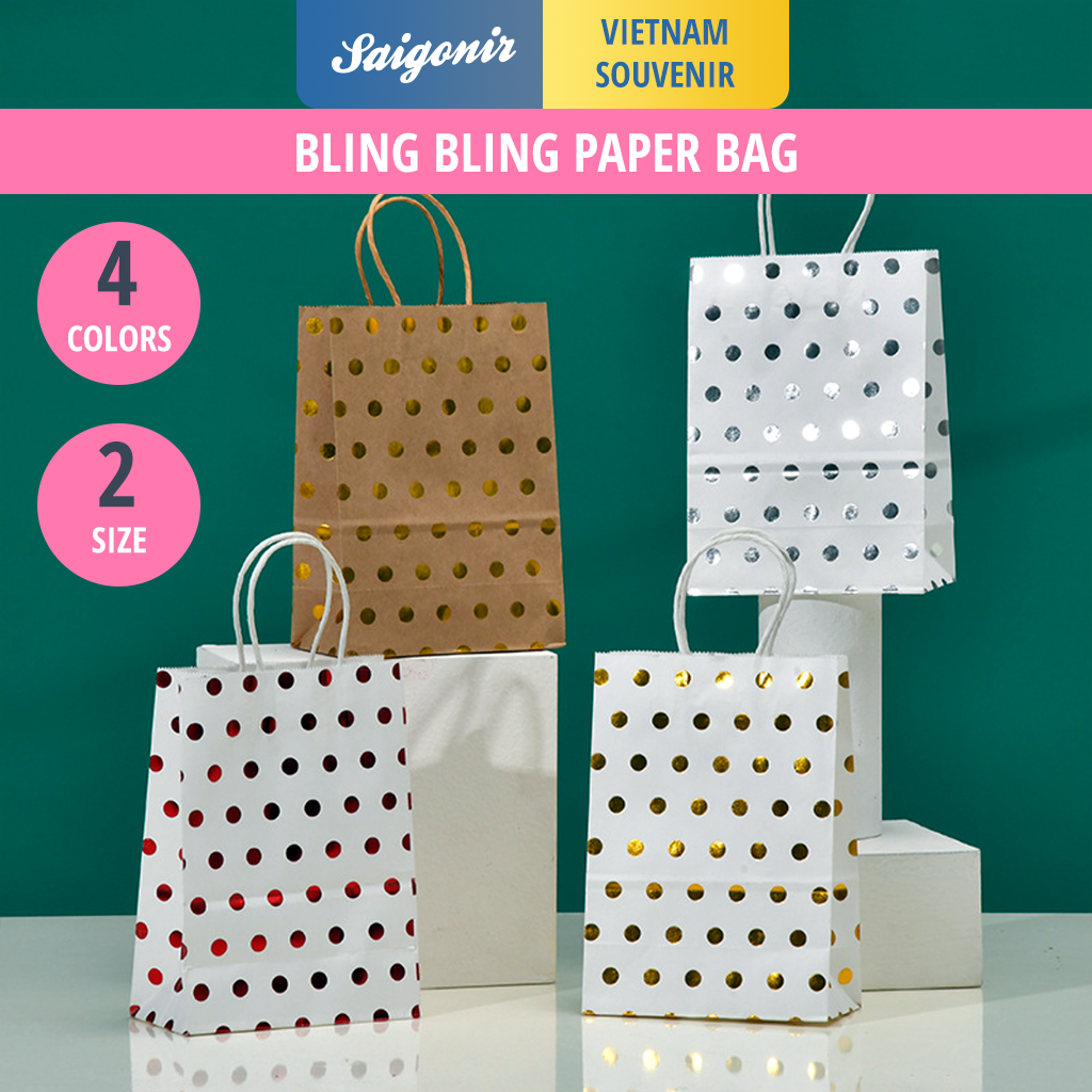 Túi Giấy Đựng Quà Quai Giấy Họa Tiết Chấm Bi Nhũ Ánh Kim 15x11x6cm và 21x15x8cm Sang Trọng Cao Cấp - Saigonir