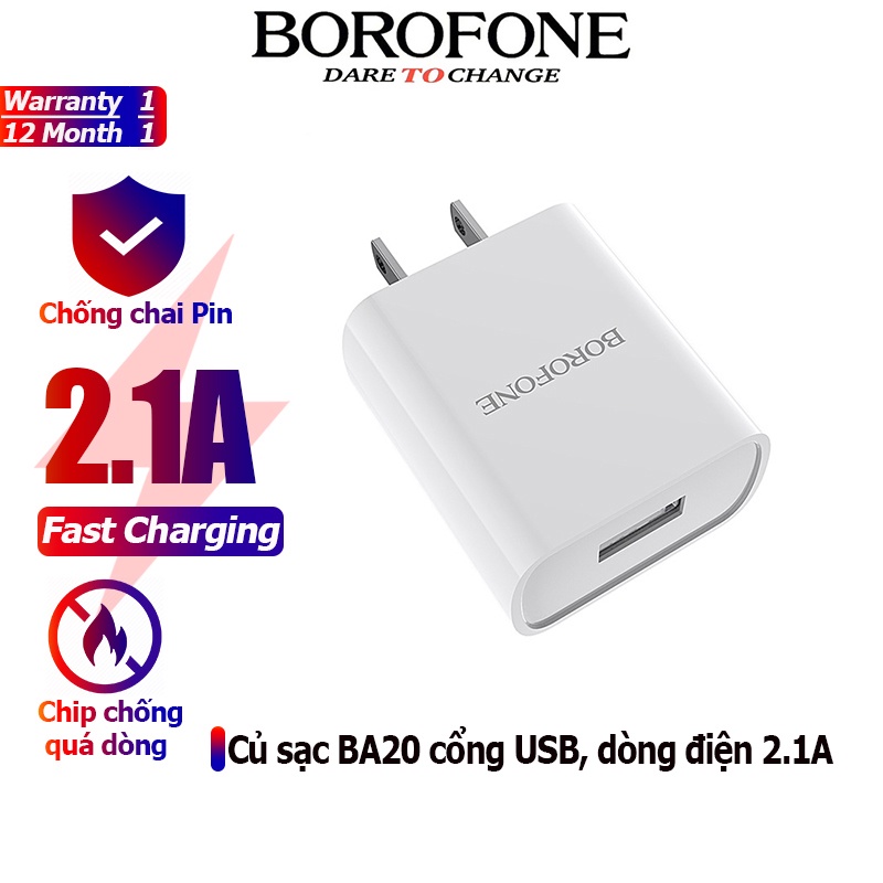 Củ sạc 2.1a borofone ba20 cóc sạc full các dòng iphone, ipad, android, 1 cổng usb - chính hãng