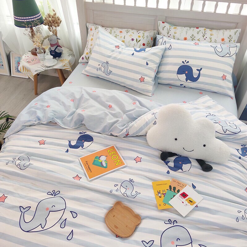 [QUÁ KUTE] ^^ Bộ Chăn Ga Gối 5 Món Cá Heo-Chất Liệu Bền Đẹp, Không Phai, Không Xù