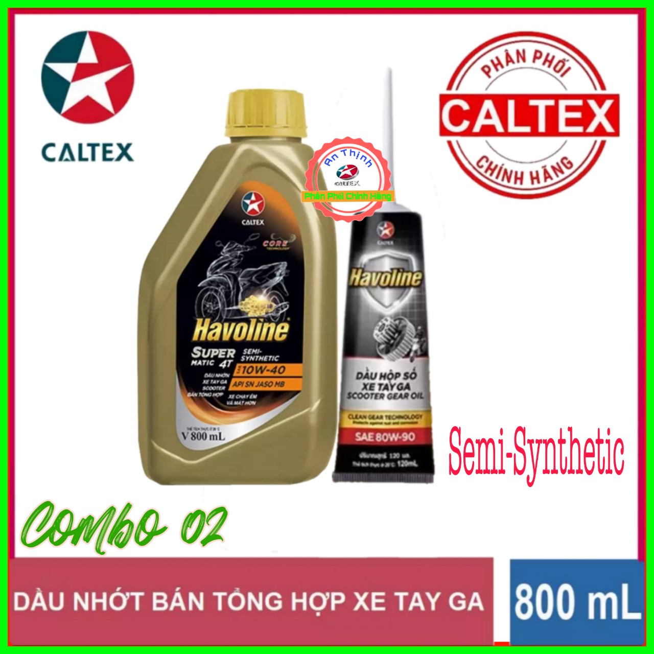 Combo dầu nhớt xe tay ga và nhớt láp hộp số bán tổng hợp chính hãng caltex havoline super matic-semi synthetic 4t 10w40 sn 0.8l và 120ml