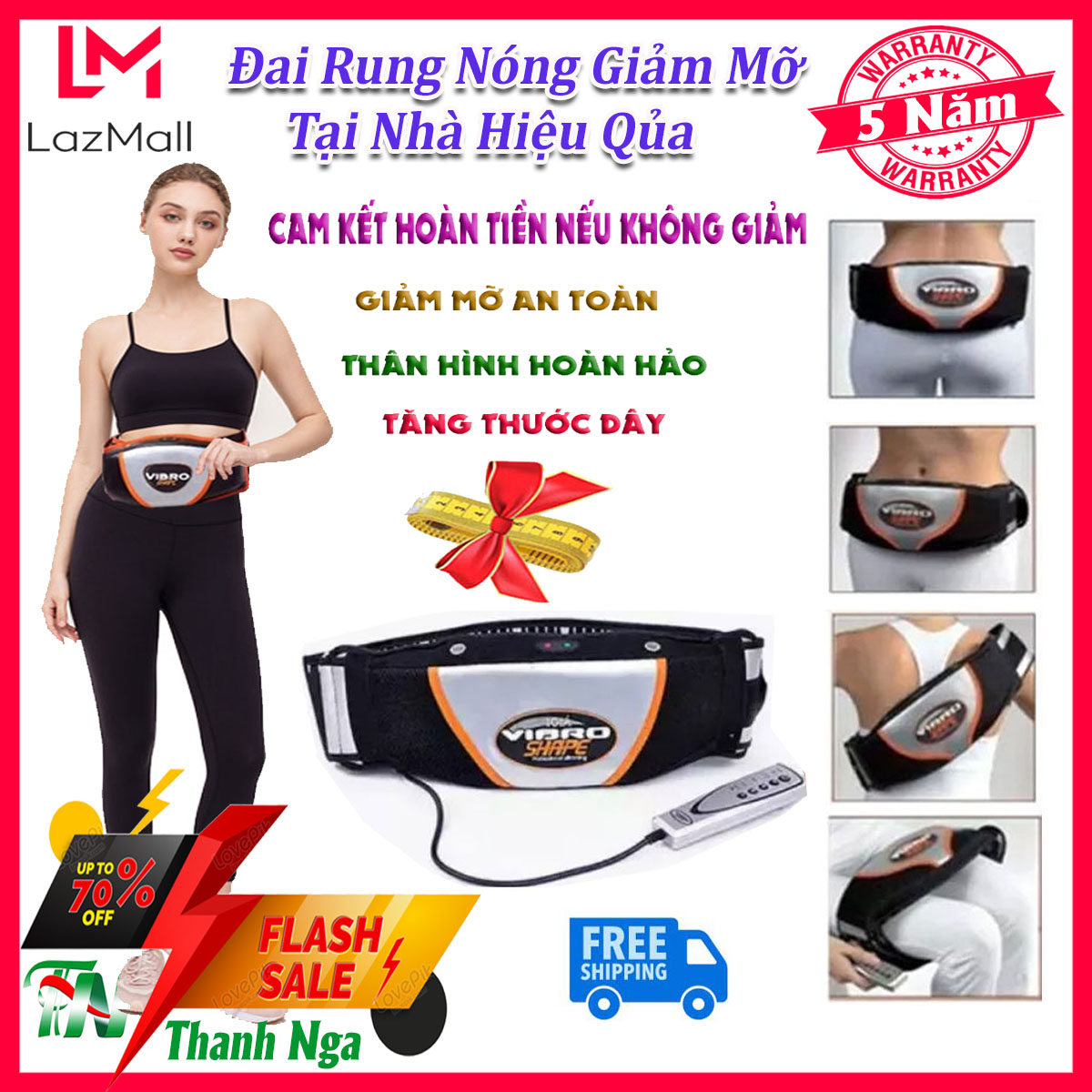 Máy tập giảm mỡ bụng, Đai massage bụng giảm mỡ, Đai mát xa giảm mỡ hiệu quả cực nhanh VIBRO SHAPE, Máy massage rung nóng giảm mỡ an toàn tiện lợi tặng kèm dây thước đo