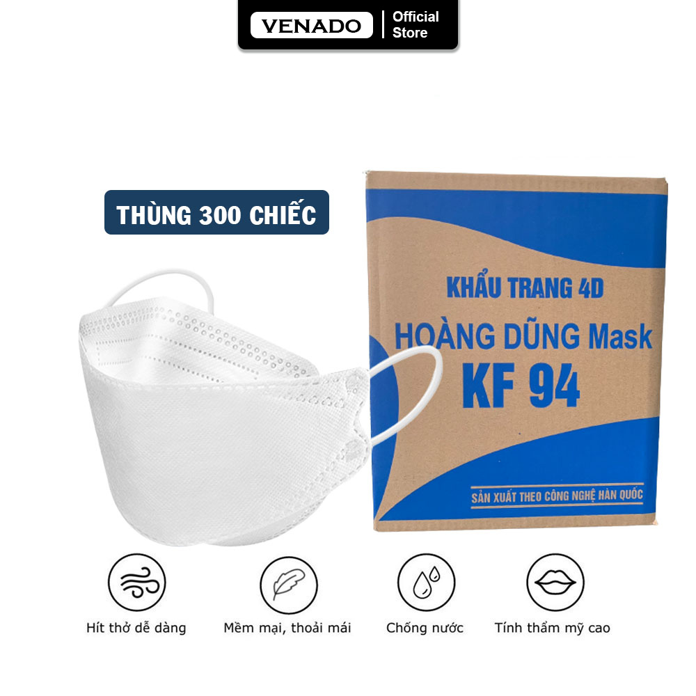 Thùng 300 / 200 khẩu trang 4D KF94 Hoàng Dũng mask kháng khuẩn lọc bụi mịn cao cấp PP chính hãng bởi Venado