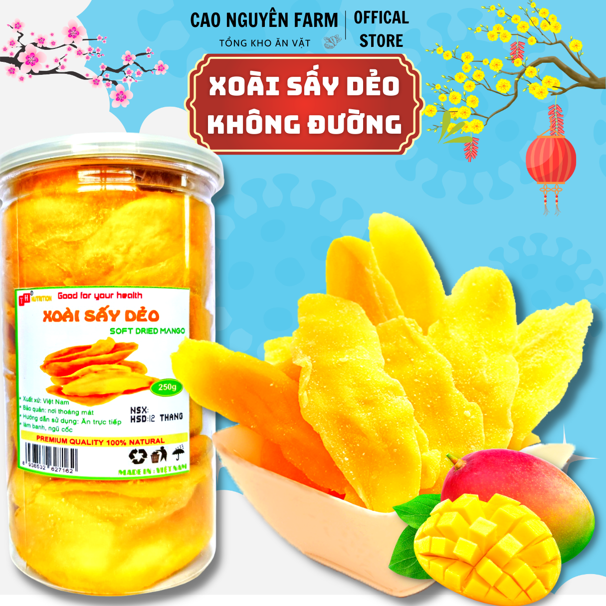 Xoài dẻo sấy, không đường, loại 1, hộp 500gr, dẻo thơm, chua ngọt tự nhiên, ăn vặt lành mạnh - Cao Nguyên Farm