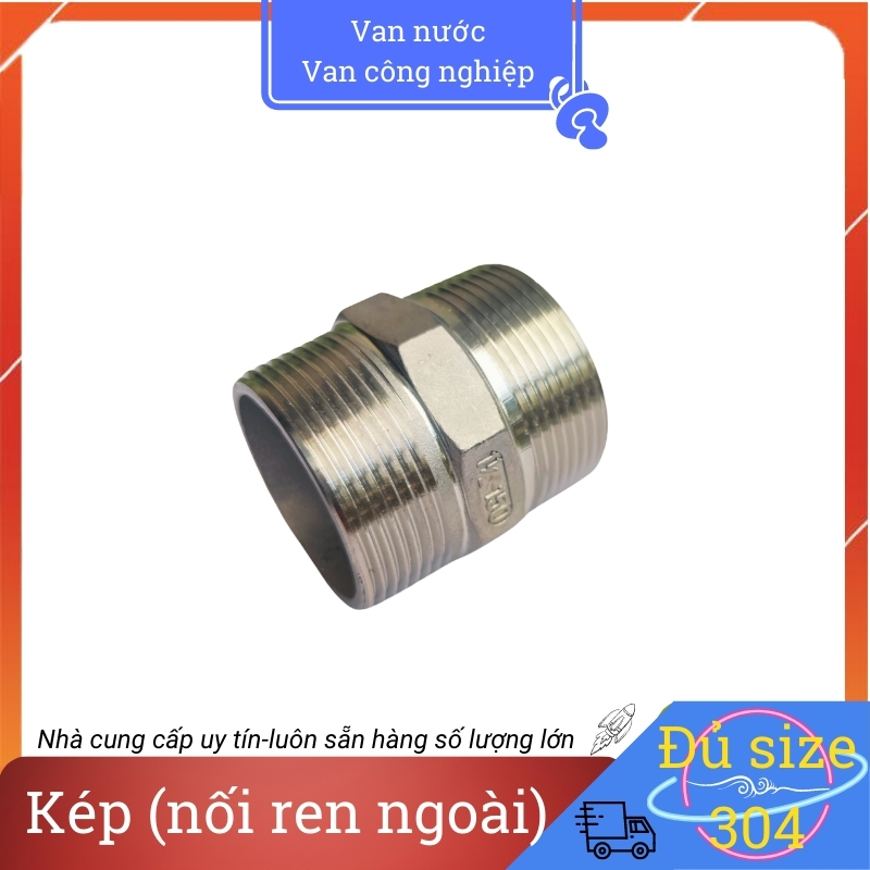 Kép inox 304 phi 49 nối thẳng lục giác ren ngoài hai đầu chất liệu bằng thép không gỉ