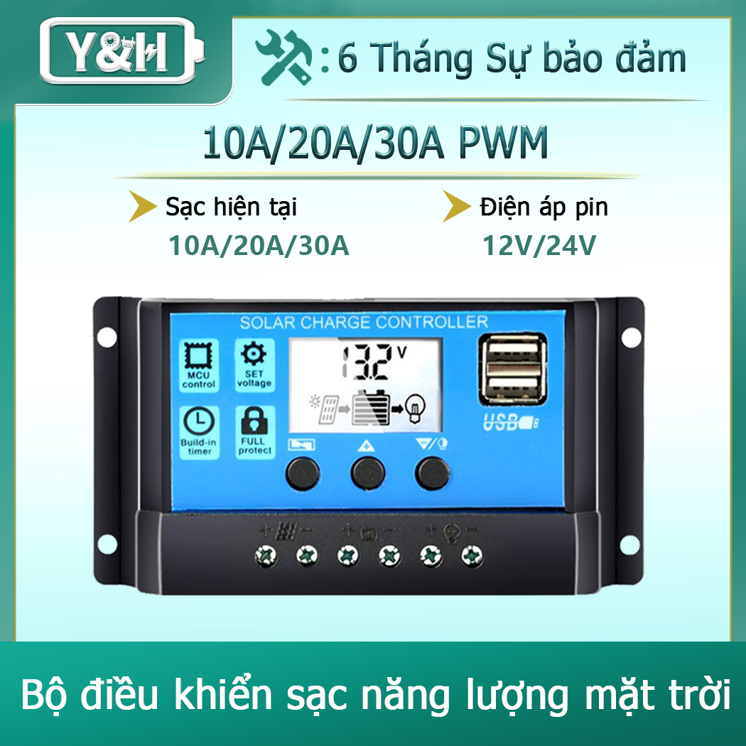 Y&H Bộ Điều Khiển Sạc Năng Lượng Mặt Trời PWM 10A/20A/30A Bộ Điều Chỉnh Pin 12V/24V Bộ Điều Khiển Tấm Pin Năng Lượng Mặt Trời Màn Hình LCD Với Cổng USB Kép