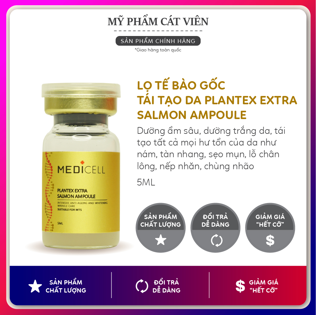Tế bào gốc cá hồi Plantex Extra Salmon Medicell, dưỡng ẩm cấp nước, dưỡng trắng mờ thâm sạm, tái tạo da sau lăn kim, da mụn nám tàn nhang - Lọ 5ml