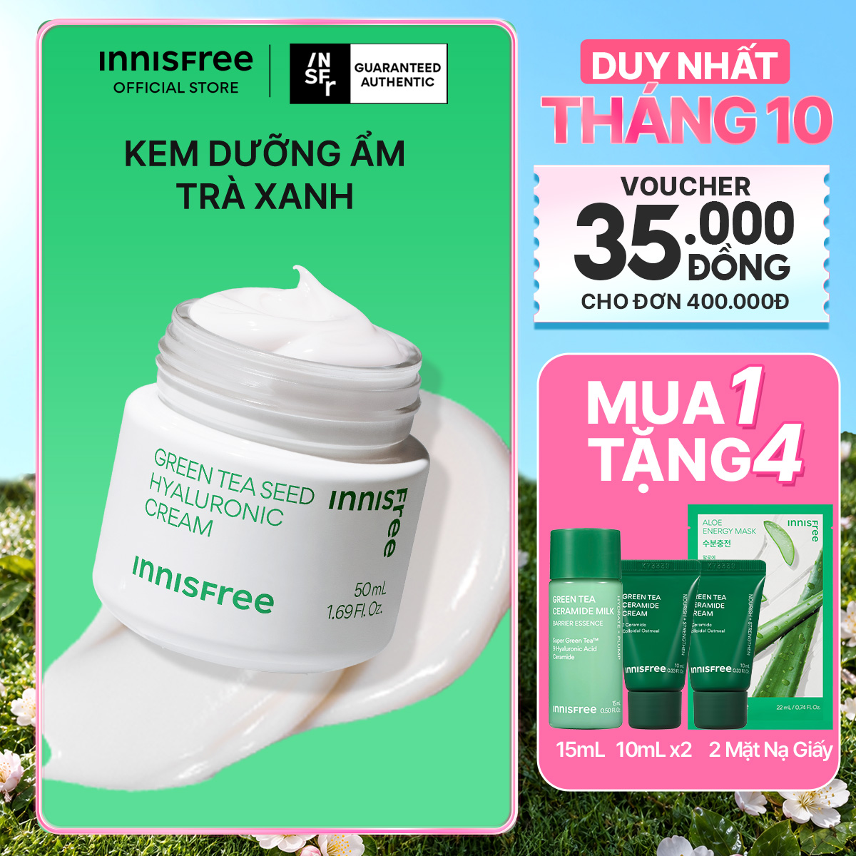 Kem dưỡng cung cấp ẩm từ trà xanh và dầu hạt trà xanh tươi INNISFREE Green Tea Seed Hyaluronic Cream