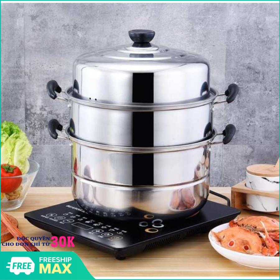 Nồi hấp 3 tầng đường kính 28cm dùng trên mọi loại bếp, Nồi Hấp kiêm nồi luộc gà Inox 3 Tầng - sz 28cm