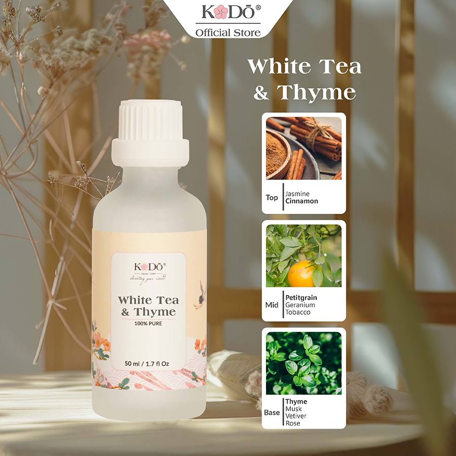 Tinh dầu nước hoa kodo white tea & thyme - làm thơm phòng, không gian, quần áo - classic collection - kiểm định an toàn quatest3 10ml/50ml/100ml/500ml