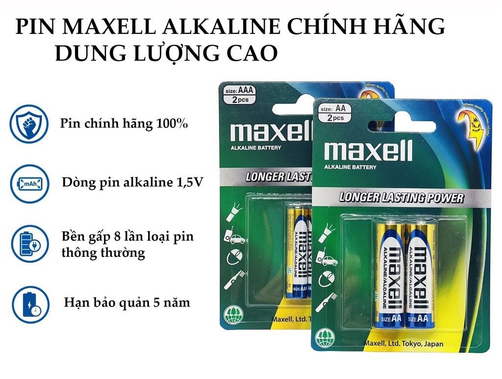 Pin AA / pin AAA Maxell alkaline vỉ 2 viên chính hãng