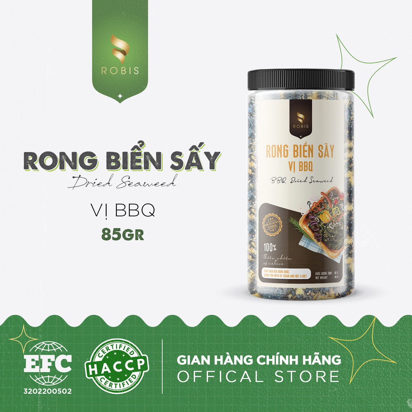 Rong biển ăn liền vị thịt nướng bbq nguyên chất robis, rong biển sấy khô đậm vị giòn tan - hũ 85gr