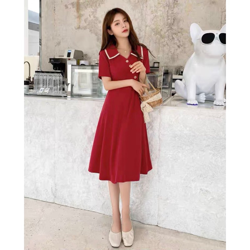 Đầm tay ngắn, cổ viền trắng, nút xéo ms139