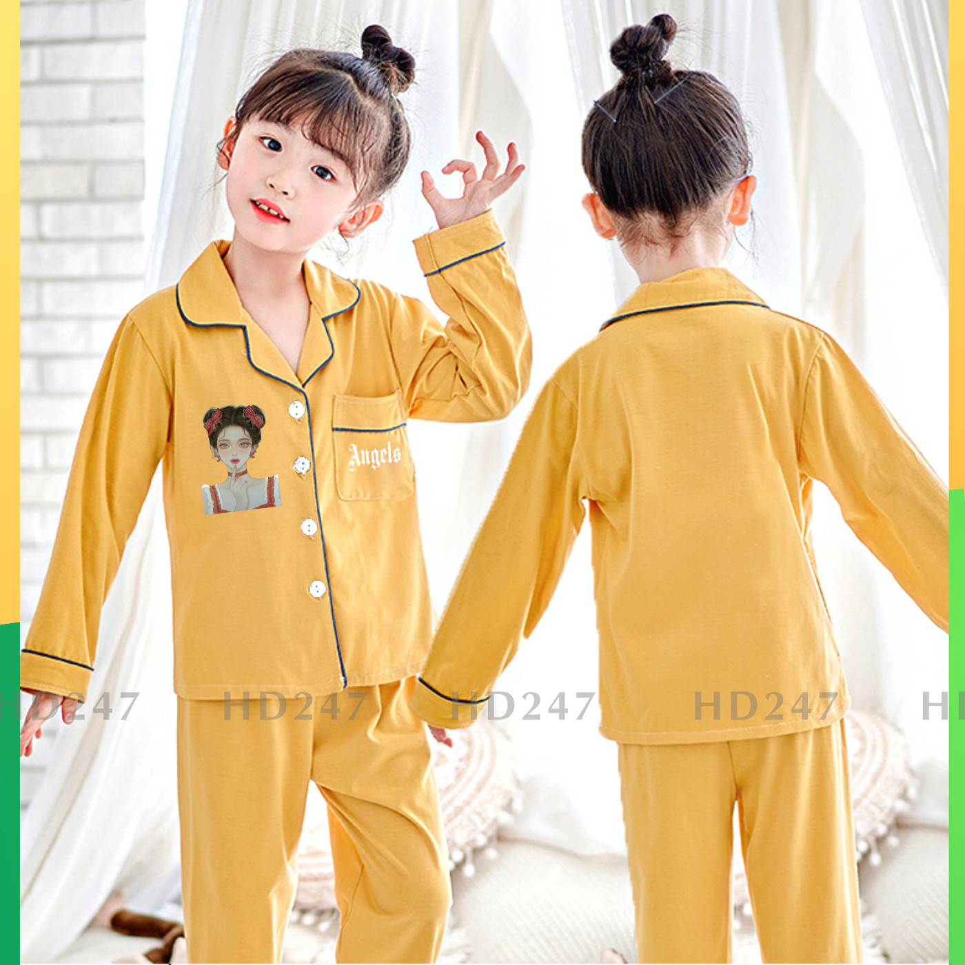 Bộ pyjama bé gái in hình chất kate lụa mềm mịn mát thoải mãi cho bé vận động 0354