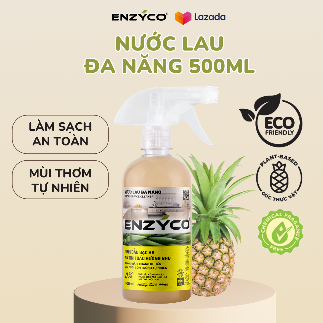 Nước lau đa năng sinh học ENZYCO dạng xịt chai 500ml - Enzyme từ dứa làm sạch, kháng khuẩn, xua đuổi côn trùng - Tinh dầu hương nhu và bạc hà