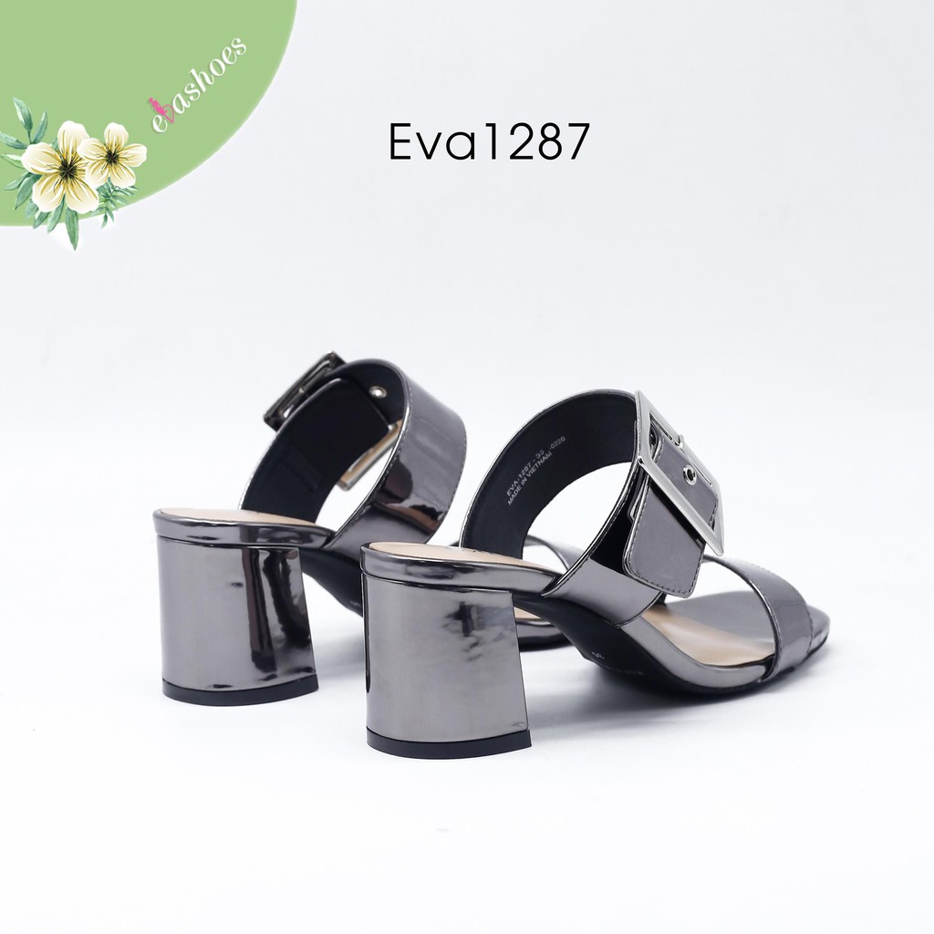 Dép cao gót quai ngang phối khóa da bóng 7cm evashoes - eva1287