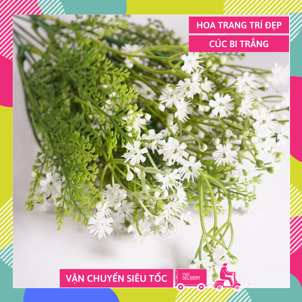 Hoa giả nhựa trang trí nhà cửa hoa Cúc Bi Trắng - Cao 30cm bụi 7 cành