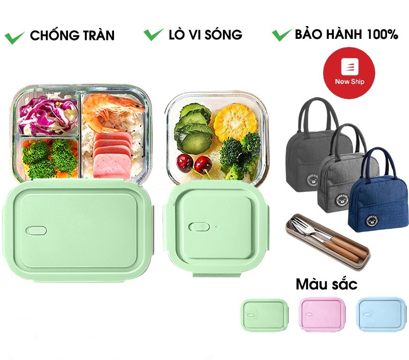 Hộp đựng cơm thủy tinh cao cấp đủ kích thước, Hộp cơm thủy tinh có kèm đũa thìa inox