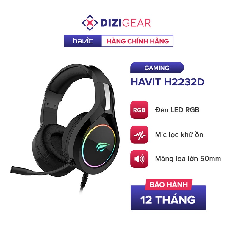 Tai Nghe Gaming Headphone HAVIT H2232D, Driver 50mm, Đèn Led RGB, Mic Khử Nhiễu, Đa Tương Thích - Chính Hãng BH 12 Tháng Dizigear