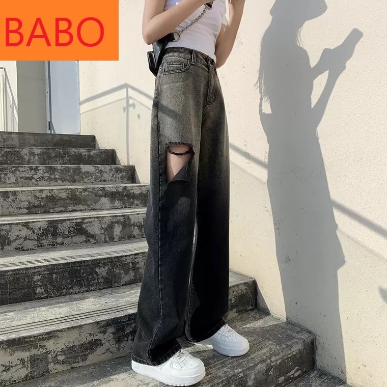 [ TÌNH XƯA NGHĨA CŨ ] QUẦN JEAN ỐNG RỘNG NỮ LƯNG CAO LOANG MÀU XÁM RÁCH VẠT PHẢI CÁ TÍNH, LẠNH LÙNG COOL NGẦU SIÊU CAO CẤP BABO