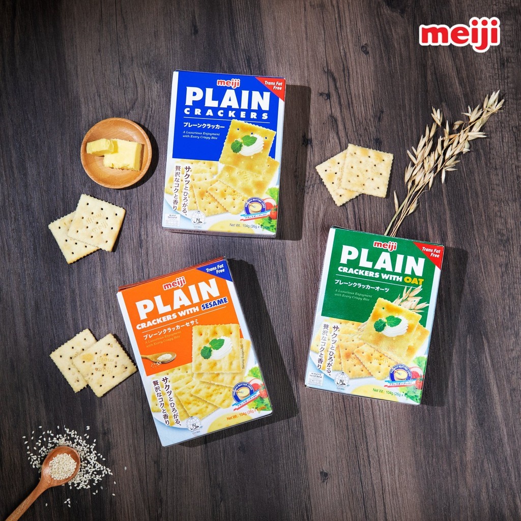 Combo 3 hộp bánh lạc meiji plain crackers 104g - 3 vị - bánh quy giòn dành cho người ăn kiêng, tiểu đường nhập khẩu từ singapore