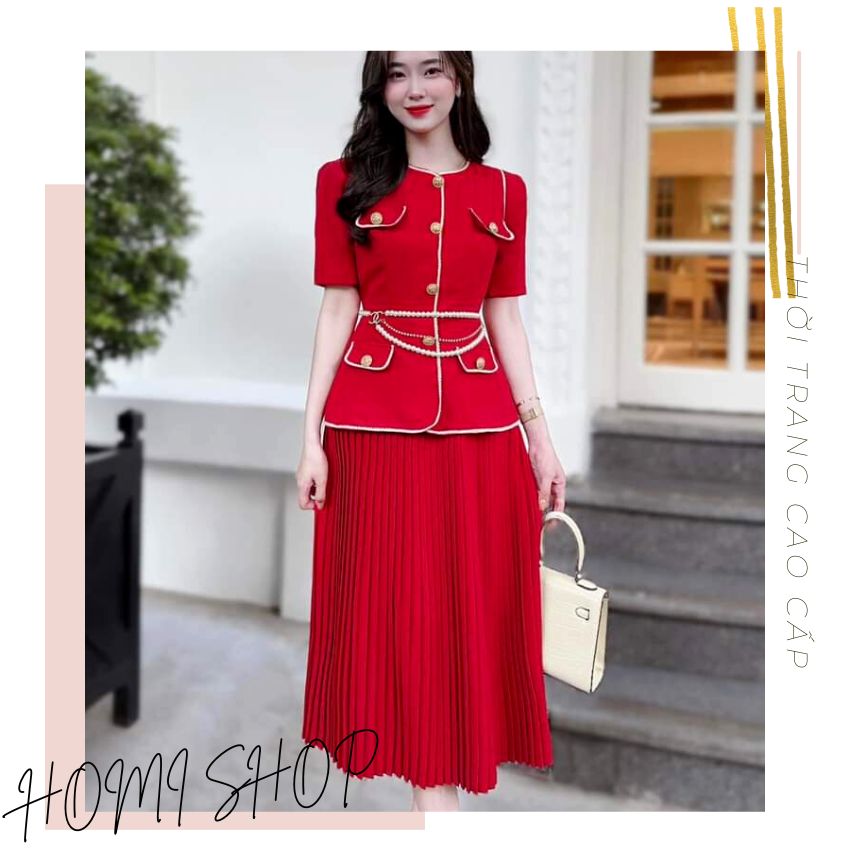 Đầm dự tiệc nữ, Váy thiết kế giả SET sang chảnh, chân váy xếp ly - Đầm nữ cao cấp chân váy xếp ly tỉ mỉ, thời trang công sở thanh lịch - HOMI SHOP