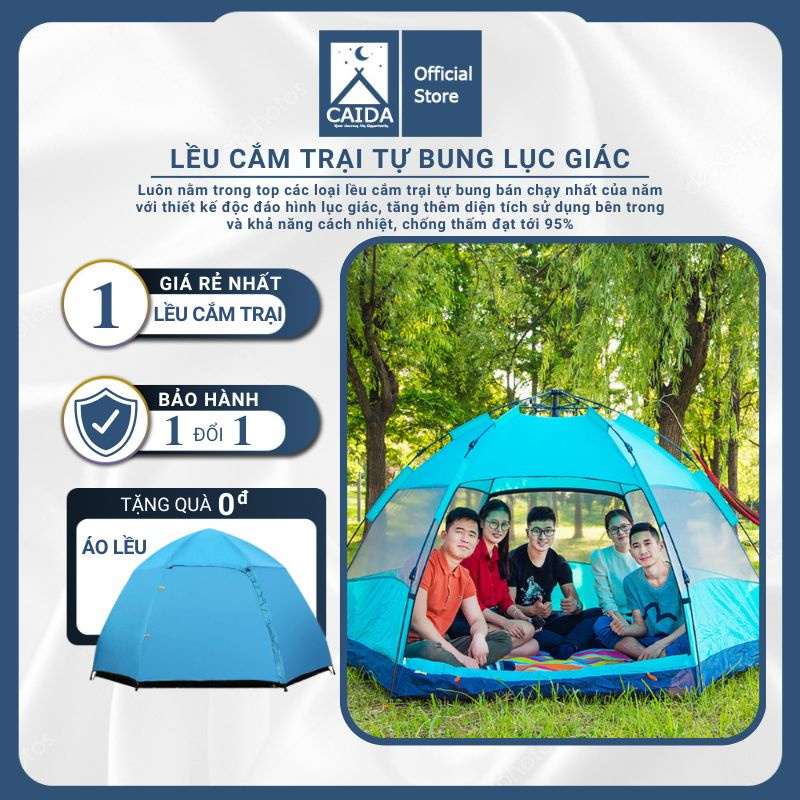 Lều cắm trại tự bung, Lều lục giác lều dã ngoại 4 - 6 người, chống nắng chống mưa muỗi côn trùng có dây và cọc cố định llều đi kèm