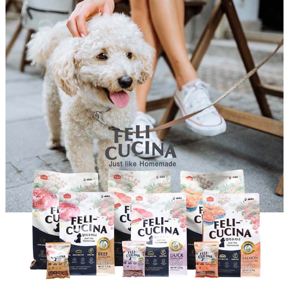 Hạt mềm cho Chó Feli-Cucina 1.2Kg không tinh bột vị Thịt Bò, Thịt Vịt & Cá hồi chó trên 3 tháng tuổi kén ăn