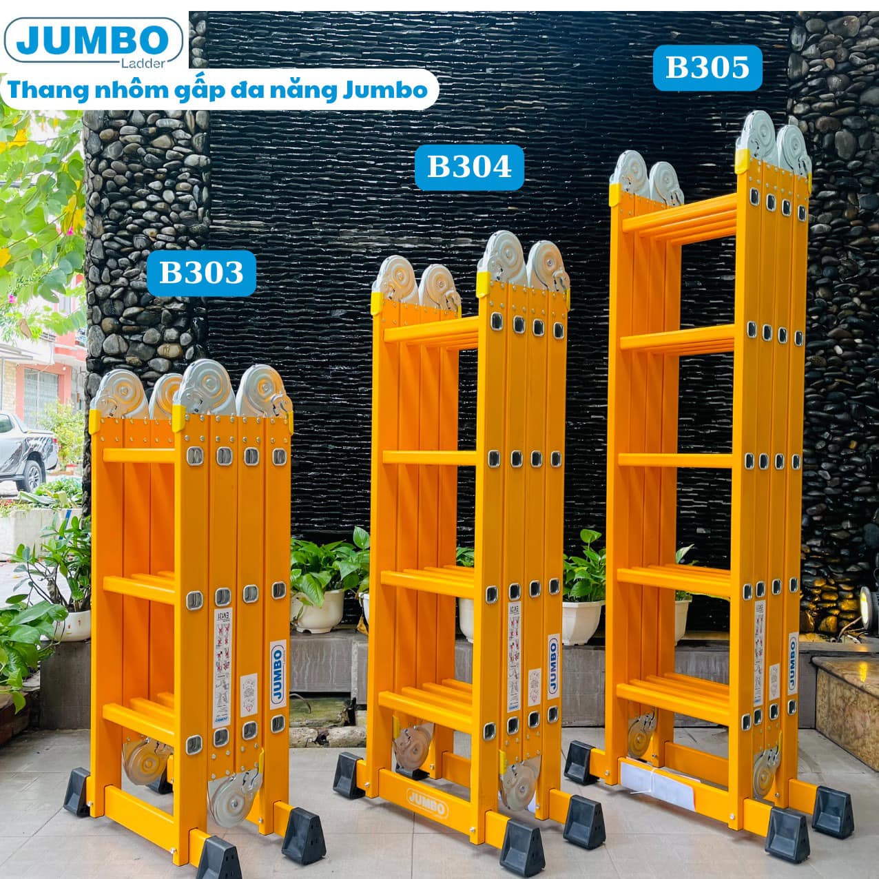 Thang nhôm gấp 4 đoạn chính hãng Jumbo chân choãi và chân ngang B203, B303 (chữ A-1.7m; duỗi thẳng 3.7m); B204, B304 (chữ A-2.3; duỗi thẳng 4.7m); B205, B305 (chữ A2.9m, duỗi thẳng 5.8m) ( BẢO HÀNH 2 NĂM)