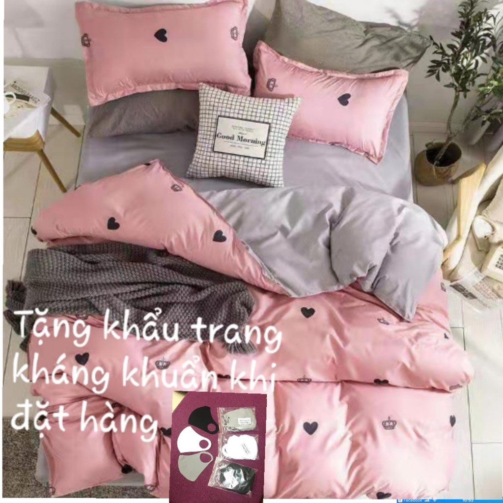 Sét Chăn Ga Và Vỏ Gối POLY Tim Vương Miện lytoet199 (tặng khẩu trang kháng khuẩn khi đặt hàng)