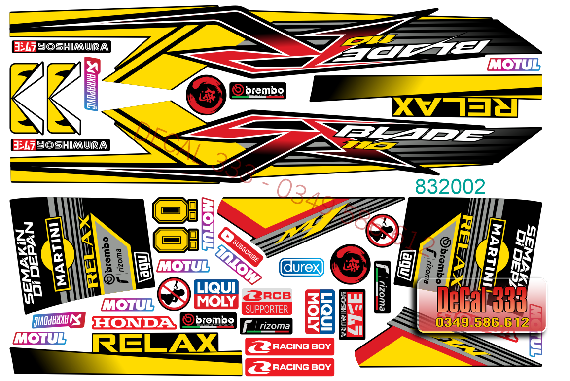 Tem Rời HONDA BLADE Chữ R VÀNG ĐỎ ĐEN 832002 (Tem chế 3 lớp chống phai màu)