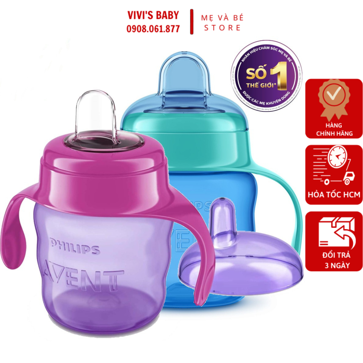 Bình tập uống nước Philips Avent Cốc tập uống nước Avent dạng đầu mút có tay cầm 200ml dành cho bé 6 tháng - Màu Xanh/Tím - 1 Đổi 1 Nếu Lỗi NSX
