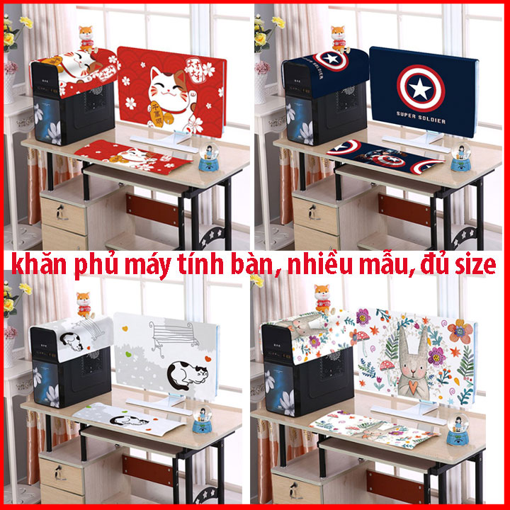 Bộ khăn phủ máy tính để bàn vỏ bọc chống bụi màn hình bàn phím họa tiết dễ thương size 22, 24, 27, 32 inch