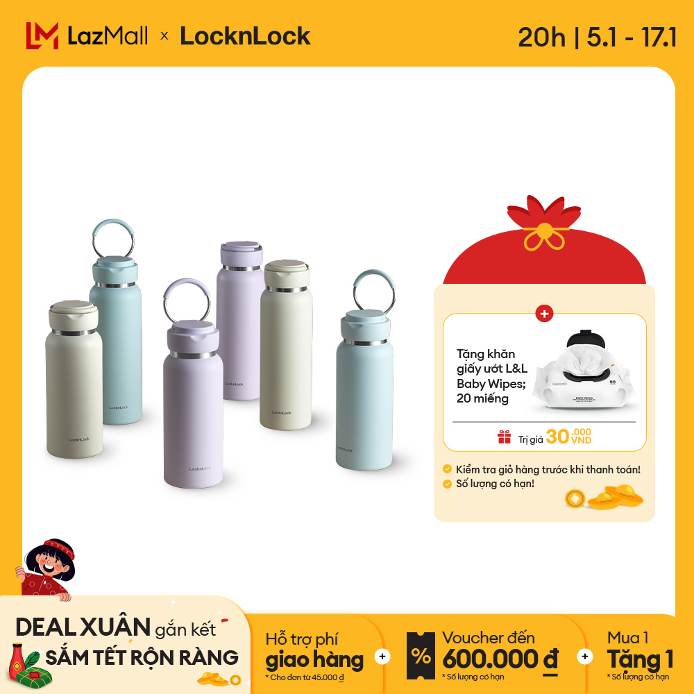 Bình giữ nhiệt Lock&Lock Sling Ring Tumbler 650ml - 800ml - Màu mint, tím nhạt, ngà LHC4321-22