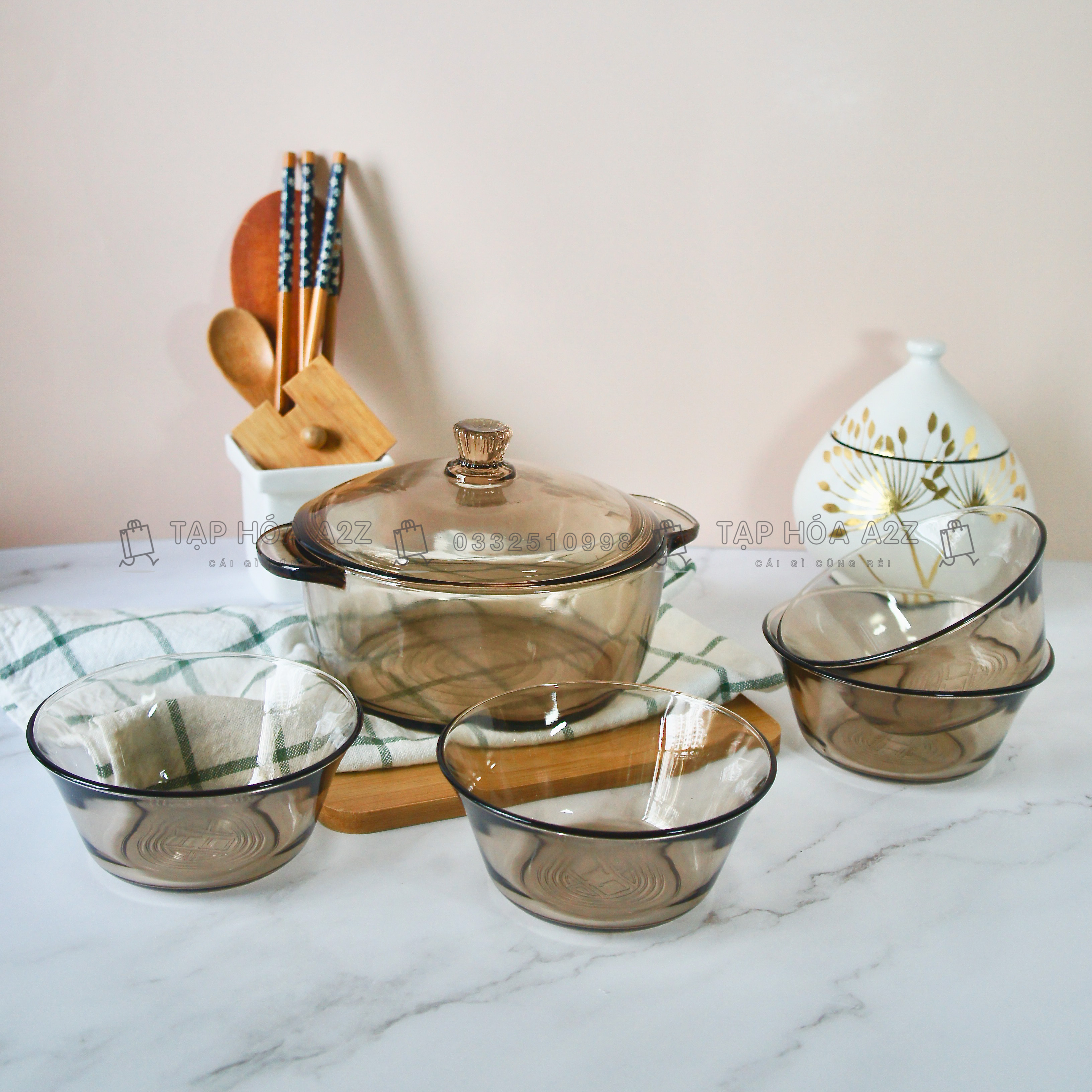 [ẢNH THẬT, GIÁ TỐT] Bộ Bát & Tô thủy tinh 1L có nắp 5 chi tiết, Bát canh, bát ăn mì, Bát cơm A2Z - Tho03